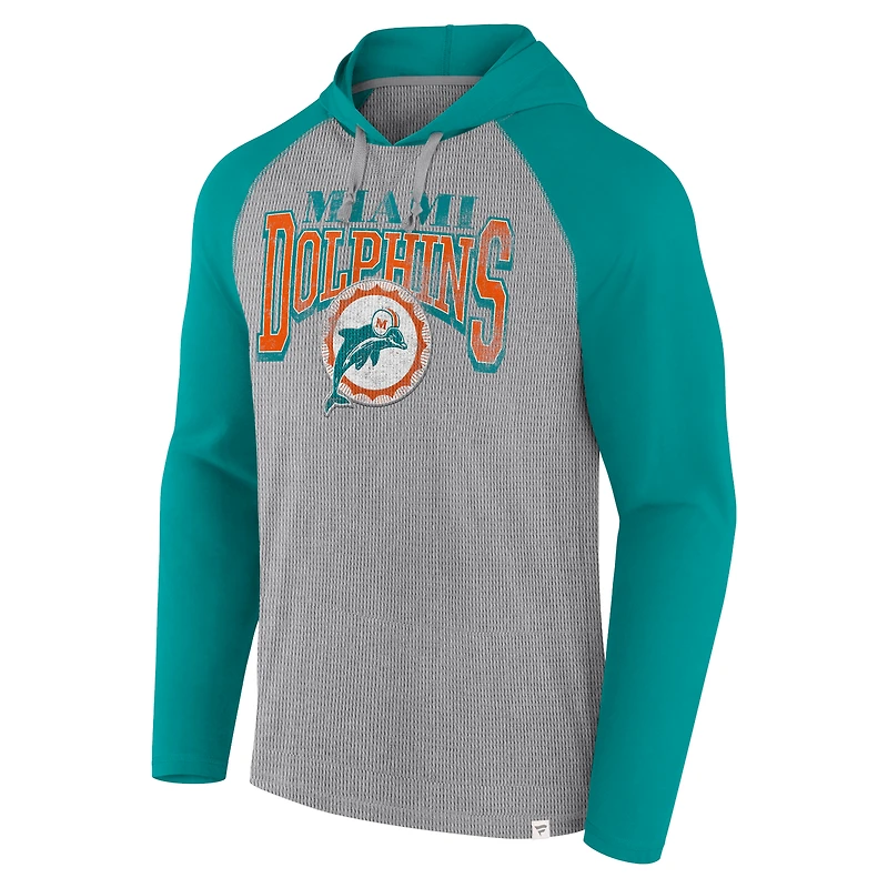 T-shirt à capuche manches longues Fanatics pour hommes gris/aqua Miami Dolphins Under Center