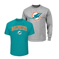 Lot de 2 t-shirts Fanatics pour hommes, gris chiné/turquoise, Miami Dolphins, grandes tailles