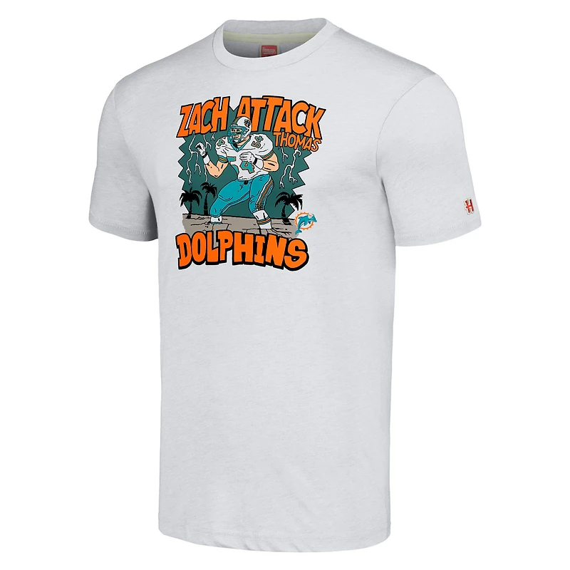 Men's Homage  Zach Thomas Heathered Ash Miami Dolphins Caricature Retired Player Tri-Blend T-Shirt