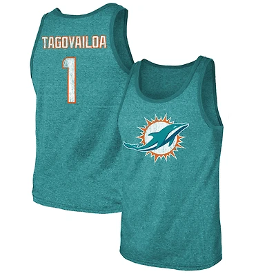 Débardeur tri-mélange Majestic Threads Tua Tagovailoa Aqua Miami Dolphins pour hommes