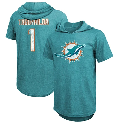 Majestic Threads Tua Tagovailoa Aqua Miami Dolphins Nom et numéro du joueur Tri-Blend T-shirt à capuche coupe ajustée pour hommes
