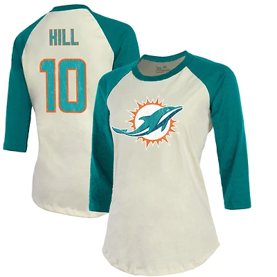 T-shirt Majestic Threads Tyreek Hill crème/aqua pour hommes, Miami Dolphins Vintage Player Name & Number Raglan à manches 3/4