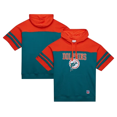 Men's Mitchell & Ness Aqua Miami Dolphins  Off Field Vintage Logo Short Sleeve Pullover Hoodie