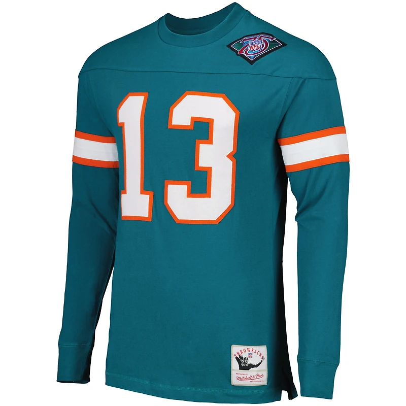 Haut à manches longues Mitchell & Ness Dan Marino Aqua Miami Dolphins Throwback Retired Player Name Number pour homme