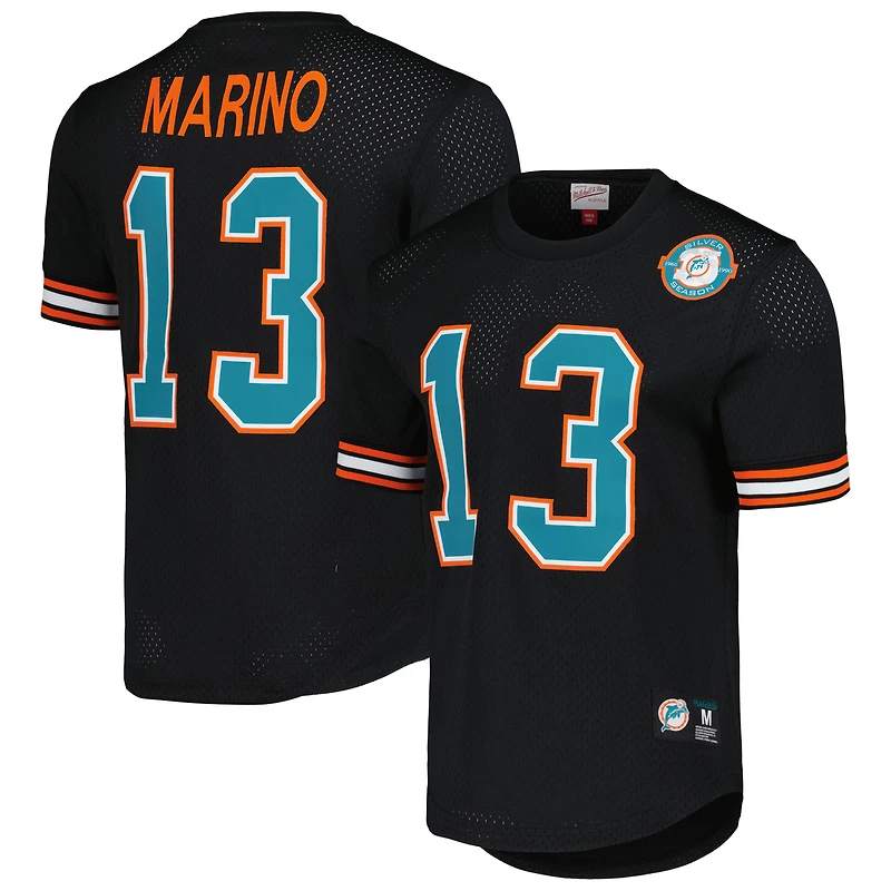 Haut en maille noir pour homme avec nom et numéro de joueur retraité des Miami Dolphins Dan Marino Mitchell & Ness