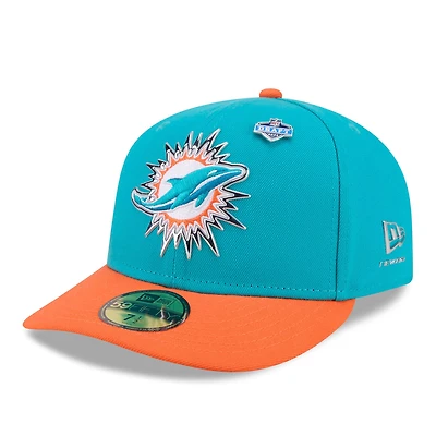 Casquette ajustée New Era 59FIFTY pour homme, coloris aqua/orange, Miami Dolphins, édition spéciale draft NFL 2026.