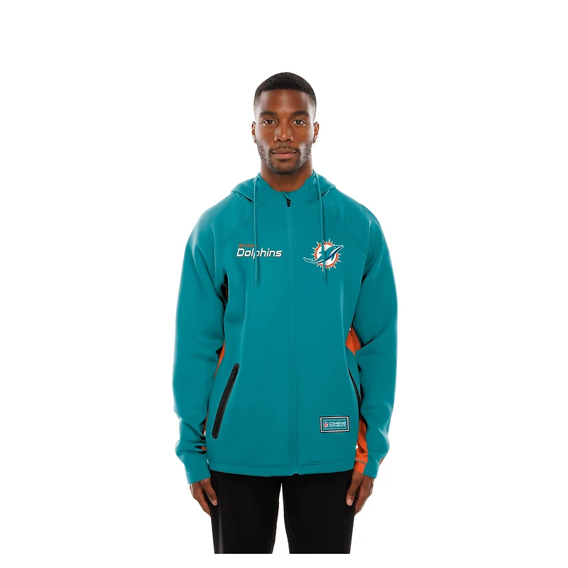 Sweat à capuche zippé intégral New Era Aqua Miami Dolphins Combine Authentic Raglan Scuba pour homme