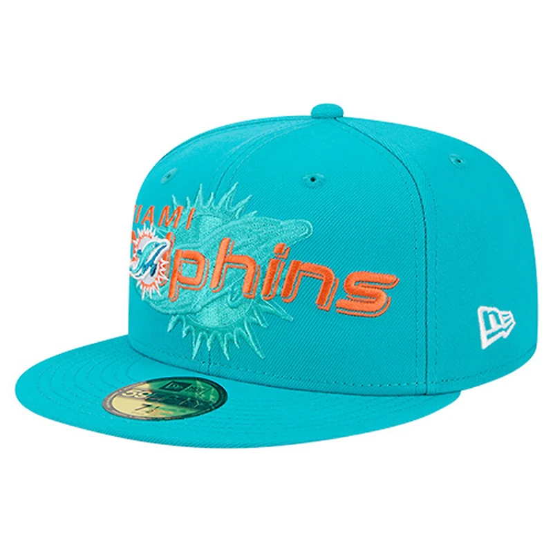 Men's New Era  Aqua Miami Dolphins Overlap Wordmark 59FIFTY Fitted Hat