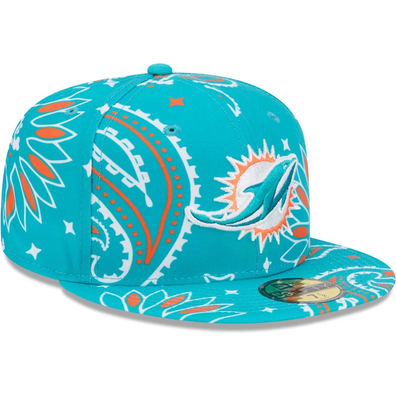 Men's New Era Aqua Miami Dolphins Paisley 59FIFTY Fitted Hat