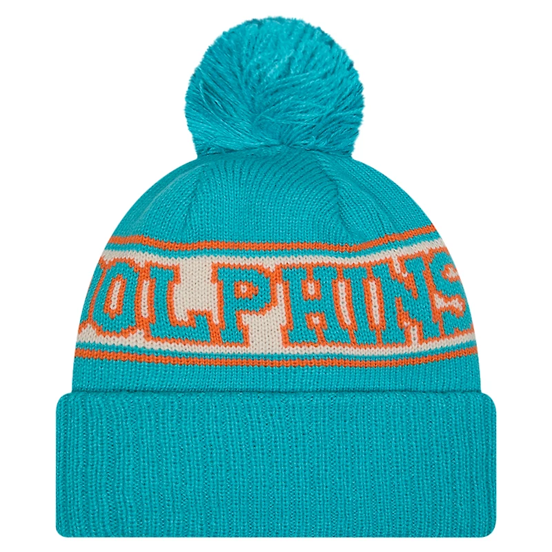 Bonnet en tricot à revers rétro Miami Dolphins New Era Aqua pour homme avec pompon