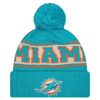 Bonnet en tricot à revers rétro Miami Dolphins New Era Aqua pour homme avec pompon