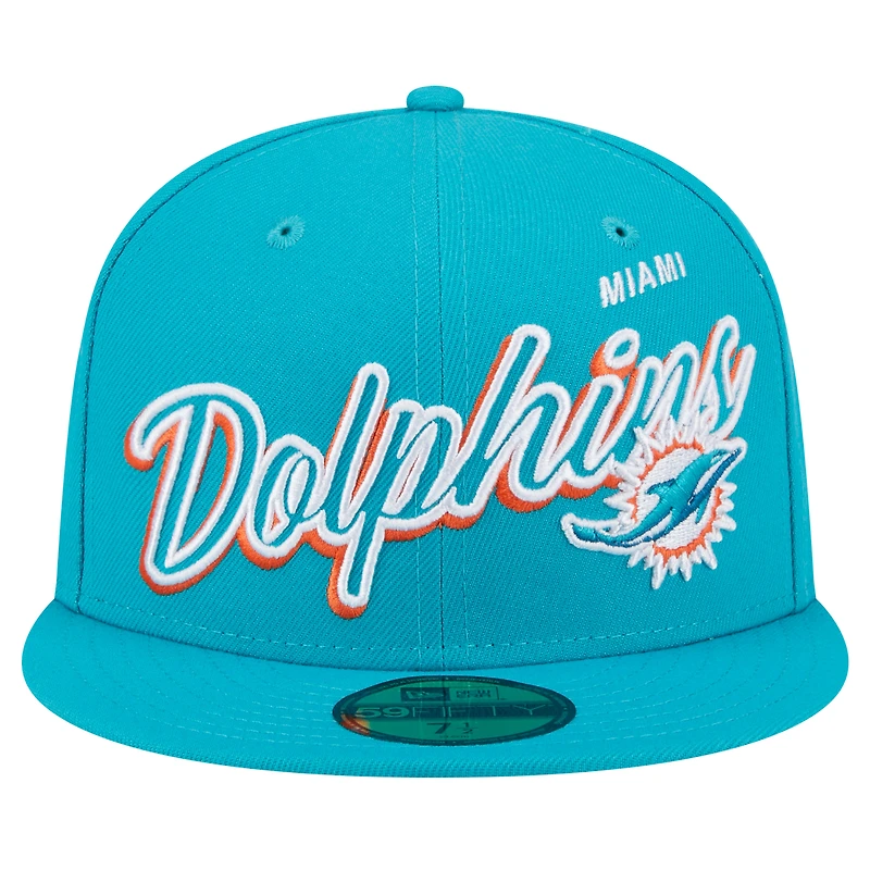 Men's New Era Aqua Miami Dolphins  Script Sided 59FIFTY Fitted Hat