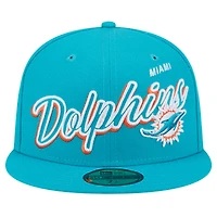 Men's New Era Aqua Miami Dolphins  Script Sided 59FIFTY Fitted Hat