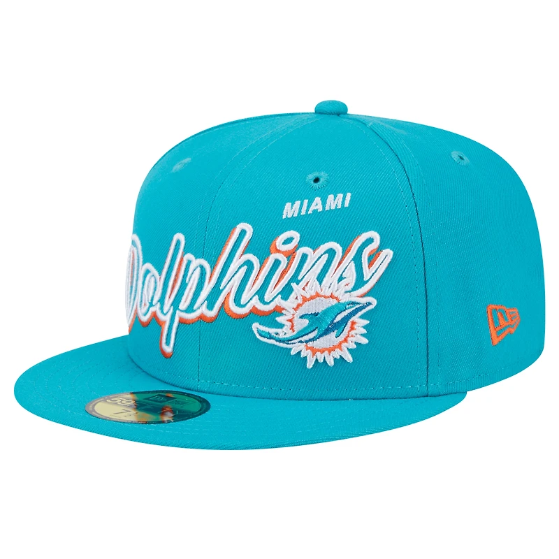 Men's New Era Aqua Miami Dolphins  Script Sided 59FIFTY Fitted Hat