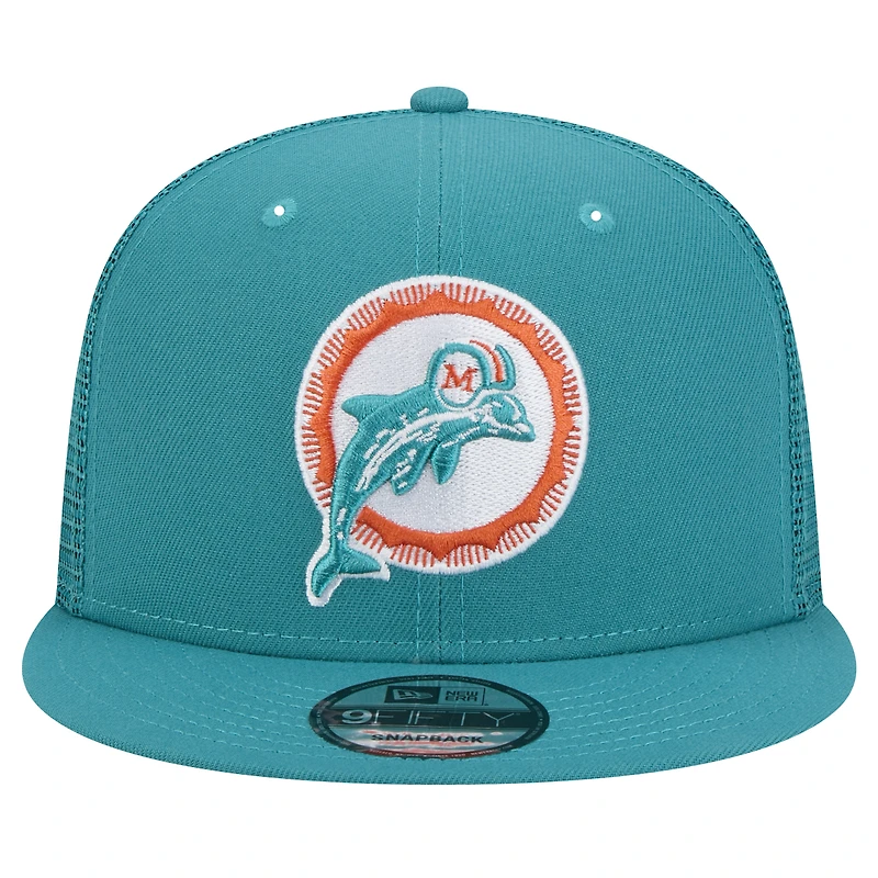 Men's New Era Aqua Miami Dolphins Throwback Main Trucker 9FIFTY Snapback Hat