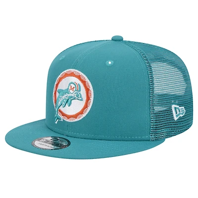 Men's New Era Aqua Miami Dolphins Throwback Main Trucker 9FIFTY Snapback Hat