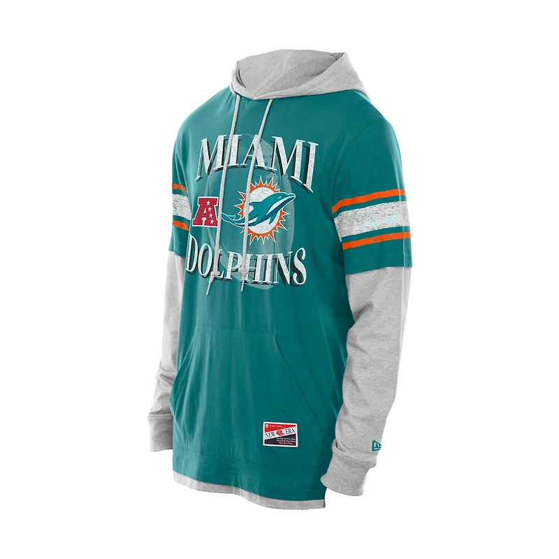T-shirt à capuche manches longues et superpositions New Era Aqua Miami Dolphins pour homme