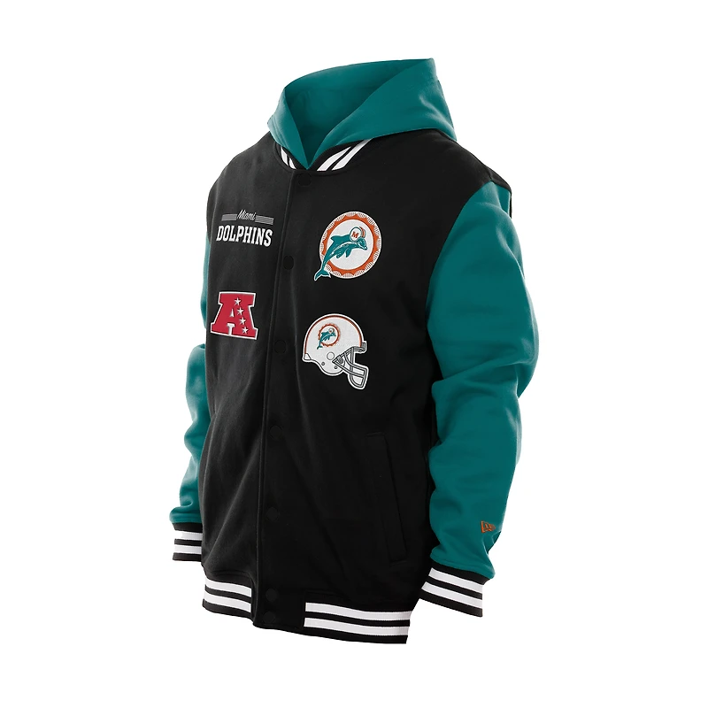 Veste à capuche en polaire noire boutons-pression des Dolphins de Miami New Era pour homme