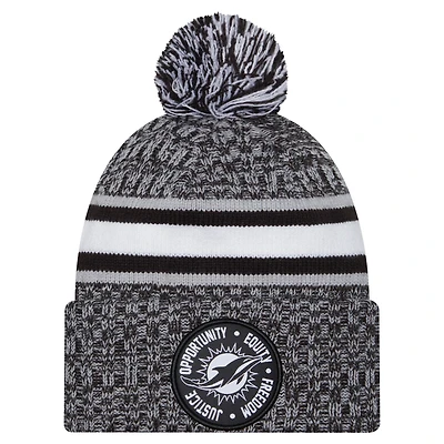 Bonnet en tricot à revers Inspire Change New Era noir pour hommes des Miami Dolphins avec pompon