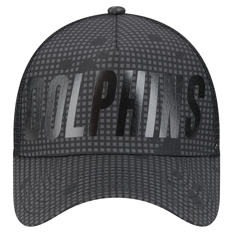Men's New Era Black Miami Dolphins  Midnight Ink Tonal Text A-Frame Trucker 9FORTY Adjustable Hat