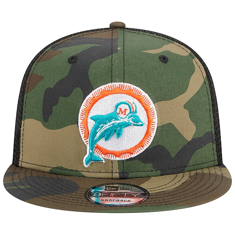 Men's New Era Camo Miami Dolphins Throwback Main Trucker 9FIFTY Snapback Hat