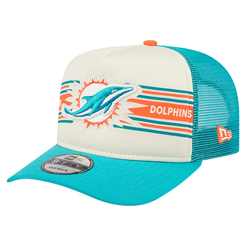 Men's New Era Cream/Aqua Miami Dolphins Banner A-Frame 9FIFTY Trucker Snapback Hat