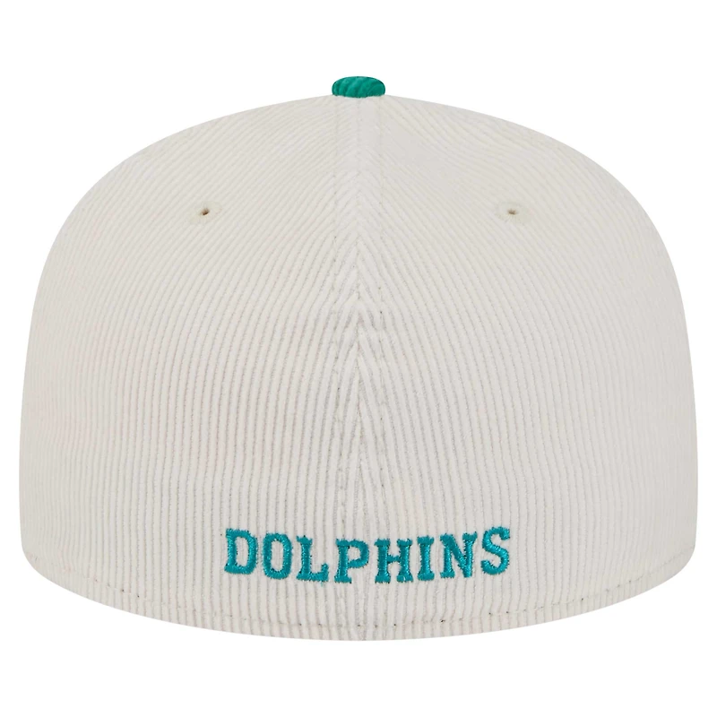 Men's New Era Cream/Aqua Miami Dolphins Throwback Corduroy 59FIFTY Fitted Hat