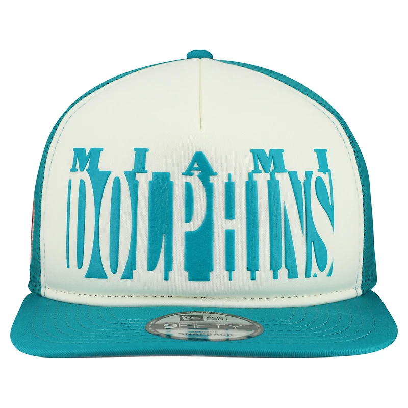 Men's New Era Cream/Aqua Miami Dolphins Throwback Cutout A-Frame 9FIFTY Snapback Hat