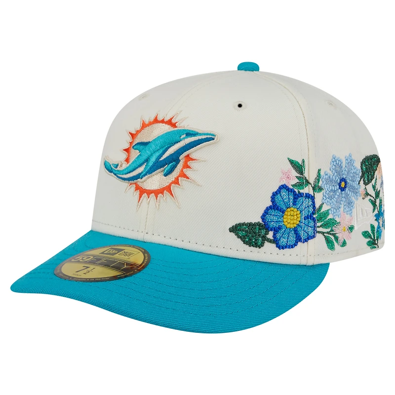 Casquette ajustée 59FIFTY à fleurs ton sur des Dolphins de Miami New Era pour homme, crème/aqua