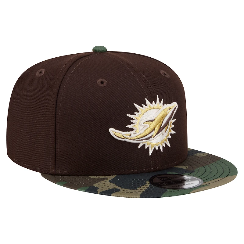 Men's New Era Dark Brown Miami Dolphins Burnt Wood Camo 9FIFTY Snapback Hat