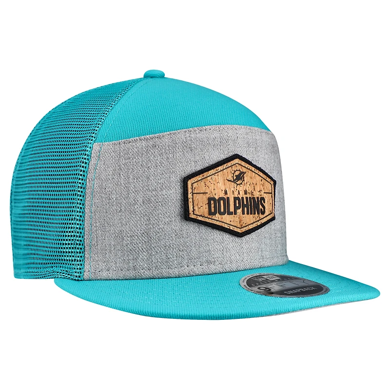 Men's New Era  Gray/Aqua Miami Dolphins Cork Split Panel 9FIFTY Trucker Snapback Hat