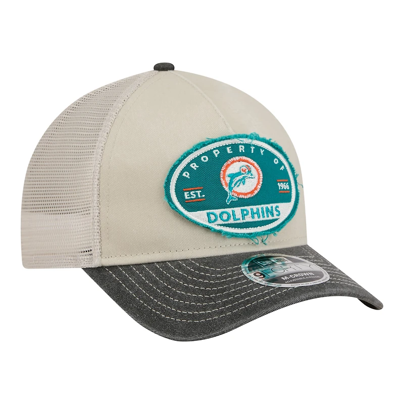 Men's New Era Natural Miami Dolphins Frayed M-Crown A-Frame 9FORTY Adjustable Hat