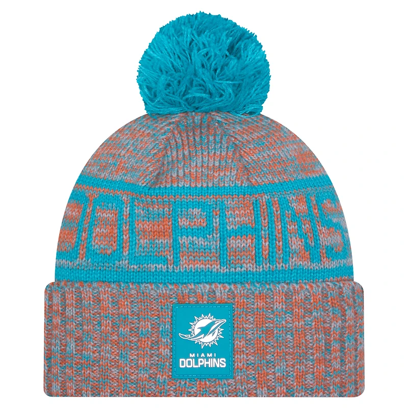 Bonnet d'hiver à revers New Era orange Miami Dolphins 2025 pour homme, avec pompon.