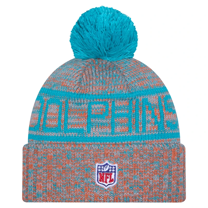 Men's New Era Orange Miami Dolphins 2025 Sideline Cold Weather Cuffed Knit Hat with Pom