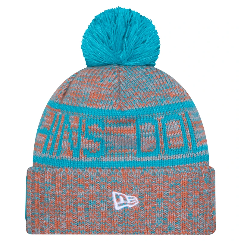 Men's New Era Orange Miami Dolphins 2025 Sideline Cold Weather Cuffed Knit Hat with Pom