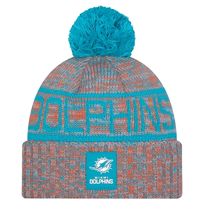 Men's New Era Orange Miami Dolphins 2025 Sideline Cold Weather Cuffed Knit Hat with Pom