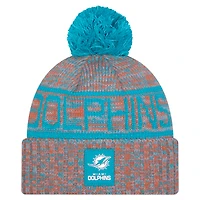 Men's New Era Orange Miami Dolphins 2025 Sideline Cold Weather Cuffed Knit Hat with Pom