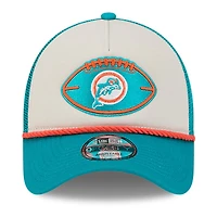 Casquette réglable de camionneur A-Frame New Era Stone/Aqua Miami Dolphins 2024 NFL Sideline Historic 9FORTY pour hommes