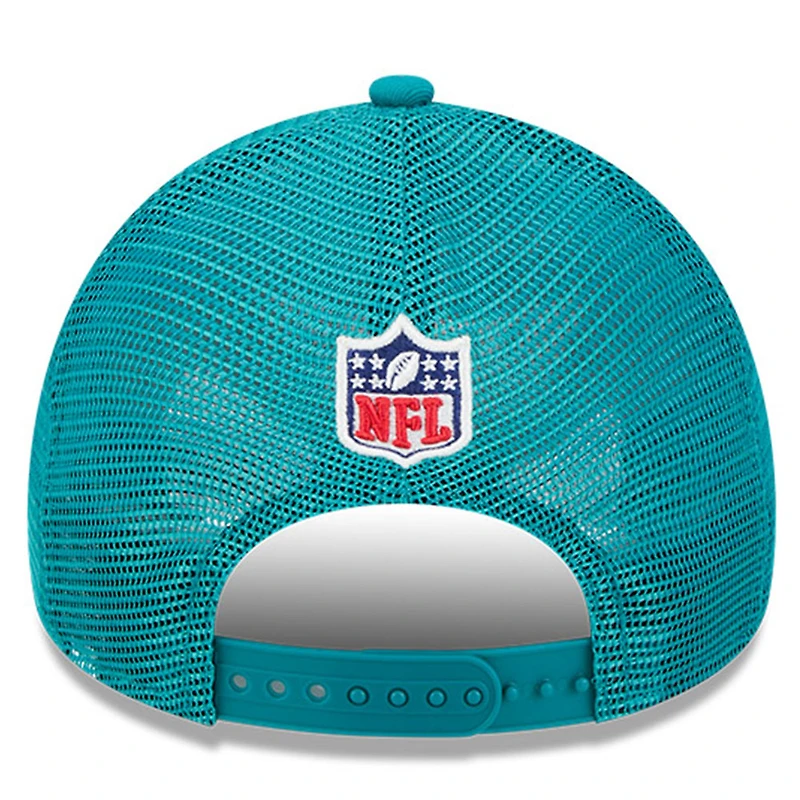 Men's New Era Stone/Aqua Miami Dolphins 2024 NFL Sideline Historic 9FORTY A-Frame Trucker Adjustable Hat