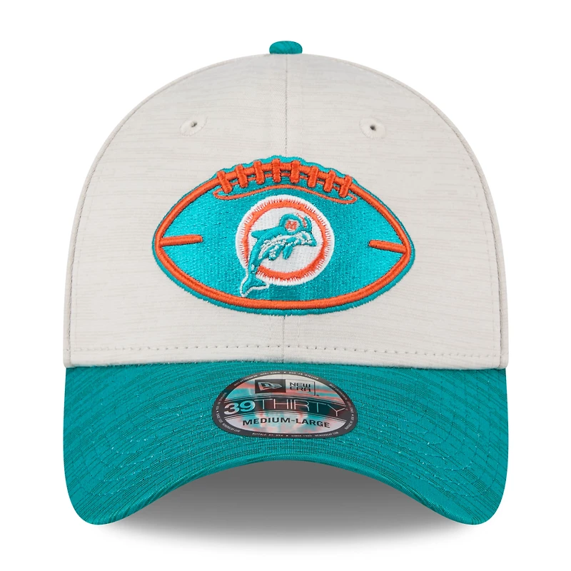 Casquette flexible New Era Stone/Aqua Miami Dolphins 2024 Sideline Historic 39THIRTY pour hommes