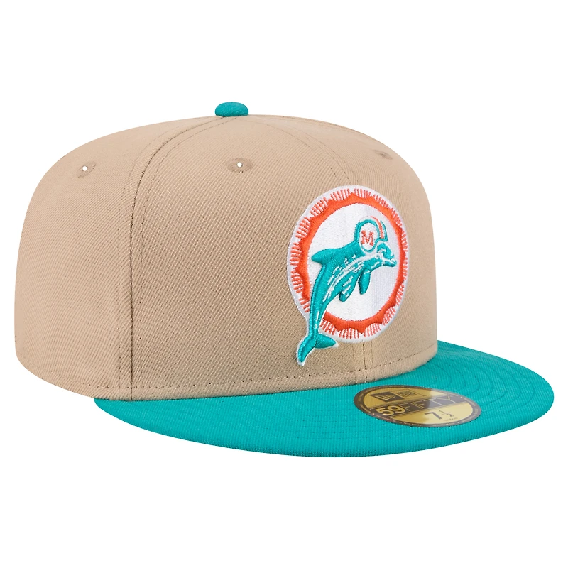 Men's New Era Tan Miami Dolphins  Throwback Logo Main 59FIFTY Fitted Hat