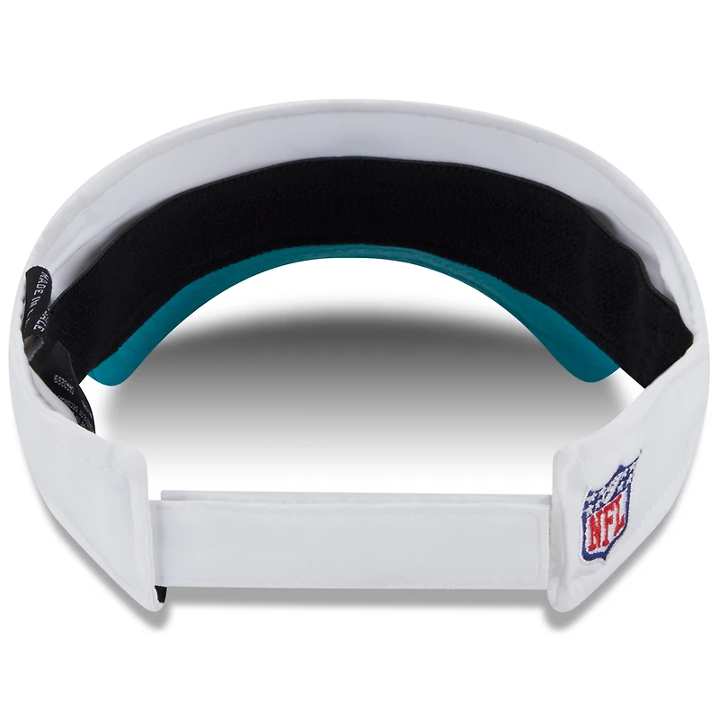 Visière ajustable New Era blanche/aqua pour homme, camp d'entraînement NFL 2025 des Dolphins de Miami