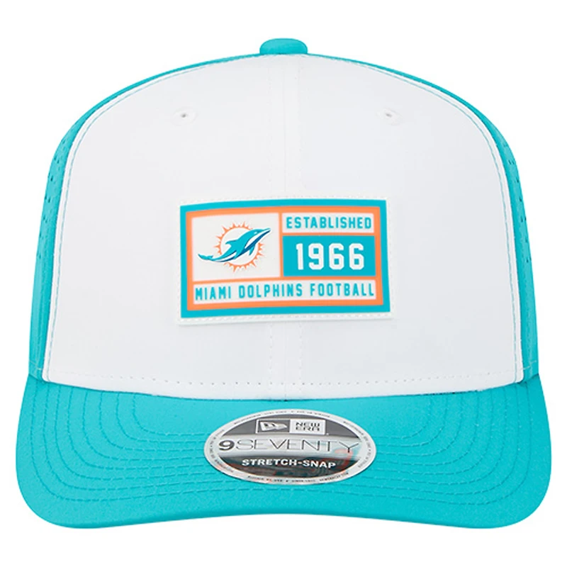 Casquette ajustable New Era 9SEVENTY blanche/aqua pour homme, Miami Dolphins Established Patch