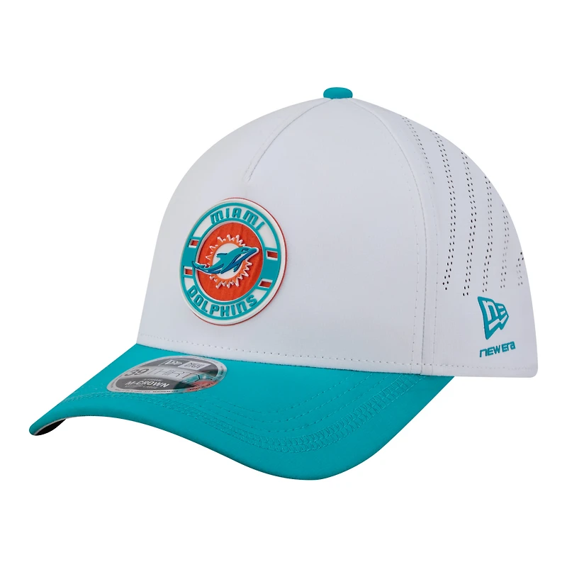 Men's New Era White/Aqua Miami Dolphins Patch 39THIRTY A-Frame M-Crown Perforated Flex Hat