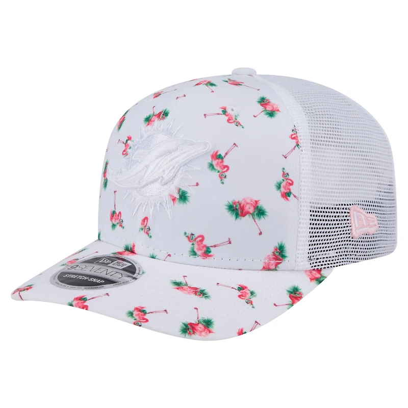 Casquette extensible à bouton-pression New Era blanche pour homme, motif flamant rose, Miami Dolphins Adventure 9SEVENTY