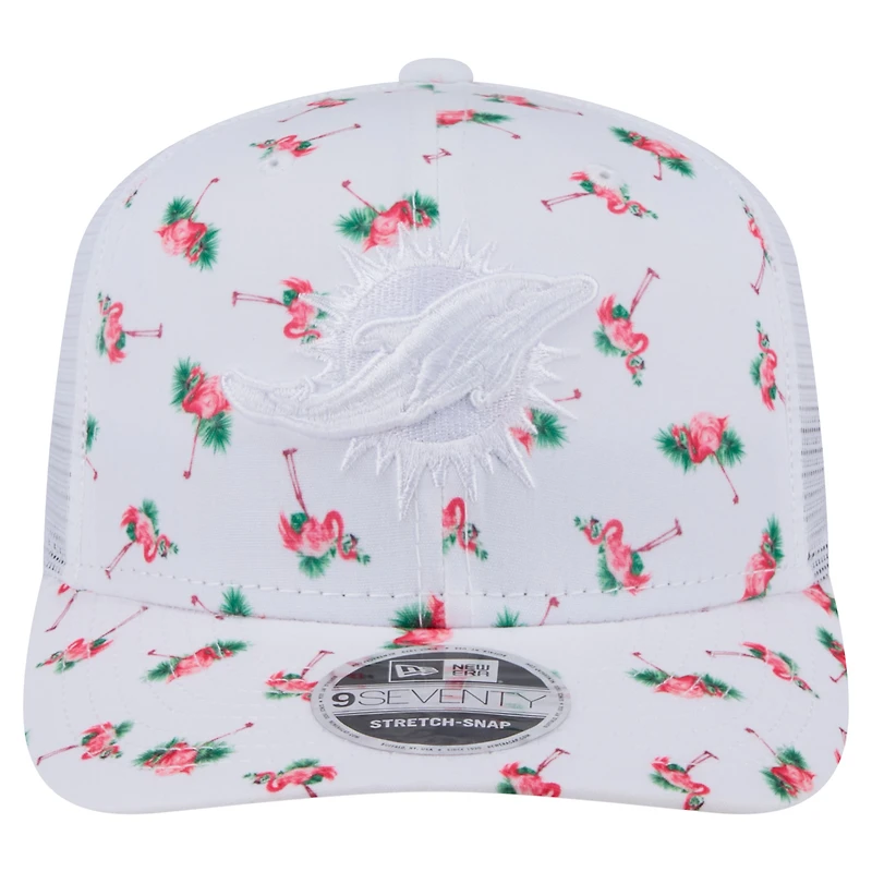 Casquette extensible à bouton-pression New Era blanche pour homme, motif flamant rose, Miami Dolphins Adventure 9SEVENTY
