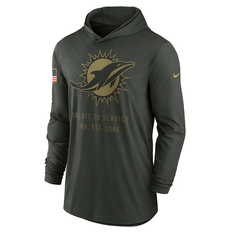 T-shirt à capuche Nike Dri-FIT vert forêt Miami Dolphins 2025 Salute to Service Sideline pour homme
