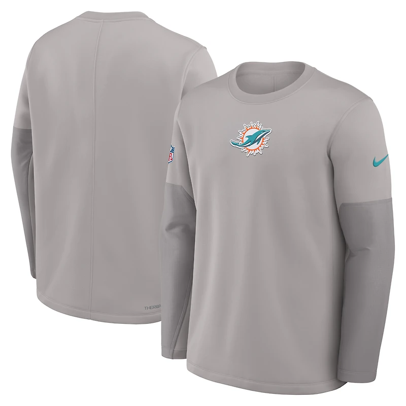 T-shirt Nike gris à manches longues Therma-FIT pour homme, motif coach des Dolphins de Miami