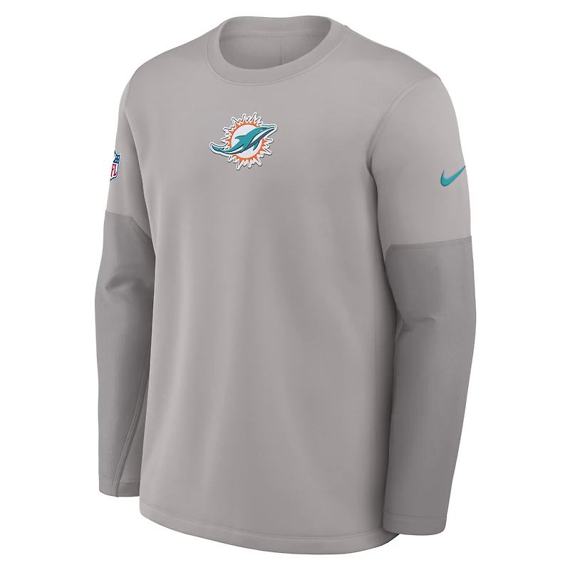 T-shirt Nike gris à manches longues Therma-FIT pour homme, motif coach des Dolphins de Miami