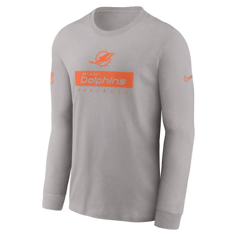 T-shirt Nike gris à manches longues Miami Dolphins Sideline Dri-FIT pour homme